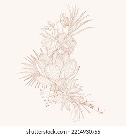 Wedding invitation. Frame element with exotic and summer line flowers. Botanical illustration. Vintage beige card template.