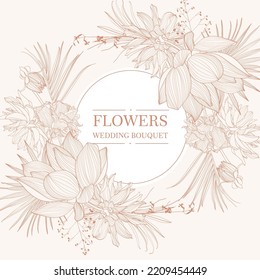 Wedding invitation. Frame with exotic and summer line flowers. Botanical illustration. Vintage beige card template.