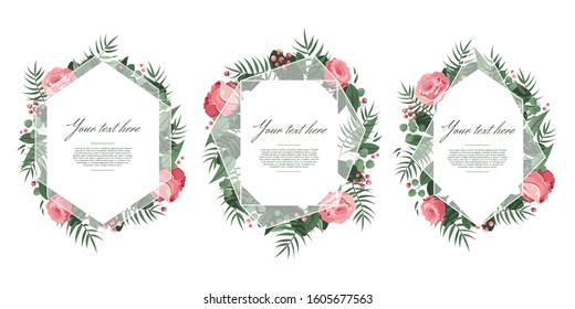 Wedding invitation frame. Floral geometric frame, romantic design card, greeting border decoration wedding template vector illustration isolated set