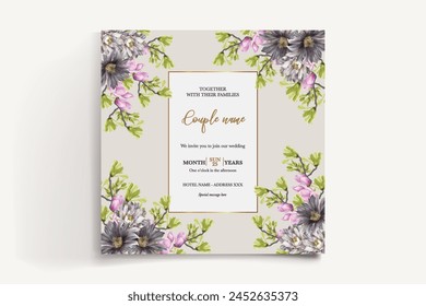 WEDDING INVITATION FRAME WITH FLOWER DECORATIONS WITH FRESH LEAVES