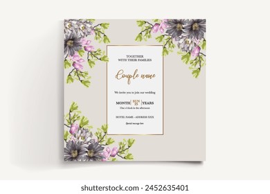 WEDDING INVITATION FRAME WITH FLOWER DECORATIONS WITH FRESH LEAVES
