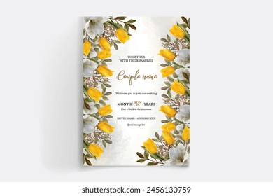 WEDDING INVITATION FRAME WITH FLOWER DECORATIONS WITH FRESH LEAVES