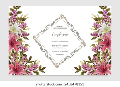MARCO DE INVITACIÓN DE BODA CON DECORACIONES FLORALES CON HOJAS FRESCAS