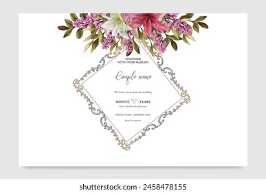 WEDDING INVITATION FRAME WITH FLOWER DECORATIONS WITH FRESH LEAVES