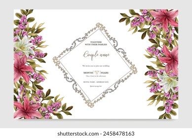 MARCO DE INVITACIÓN DE BODA CON DECORACIONES FLORALES CON HOJAS FRESCAS