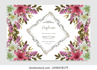 WEDDING INVITATION FRAME WITH FLOWER DECORATIONS WITH FRESH LEAVES