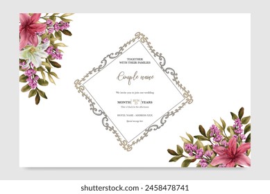 WEDDING INVITATION FRAME WITH FLOWER DECORATIONS WITH FRESH LEAVES