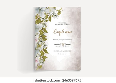 WEDDING INVITATION FRAME WITH FLOWER DECORATIONS AND FRESH LEAVES