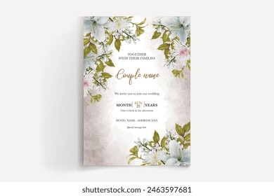 WEDDING INVITATION FRAME WITH FLOWER DECORATIONS AND FRESH LEAVES