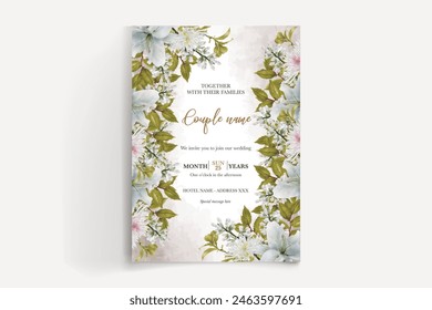 WEDDING INVITATION FRAME WITH FLOWER DECORATIONS AND FRESH LEAVES