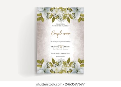 WEDDING INVITATION FRAME WITH FLOWER DECORATIONS AND FRESH LEAVES