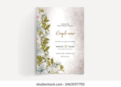 WEDDING INVITATION FRAME WITH FLOWER DECORATIONS AND FRESH LEAVES