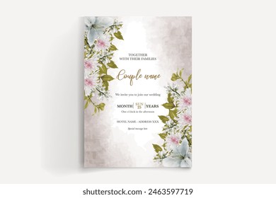 WEDDING INVITATION FRAME WITH FLOWER DECORATIONS AND FRESH LEAVES