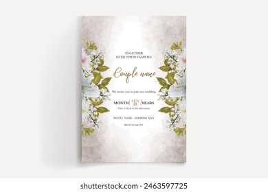WEDDING INVITATION FRAME WITH FLOWER DECORATIONS AND FRESH LEAVES