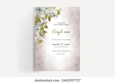 WEDDING INVITATION FRAME WITH FLOWER DECORATIONS AND FRESH LEAVES