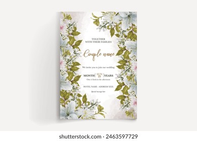 WEDDING INVITATION FRAME WITH FLOWER DECORATIONS AND FRESH LEAVES