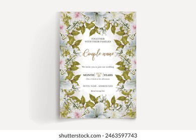WEDDING INVITATION FRAME WITH FLOWER DECORATIONS AND FRESH LEAVES