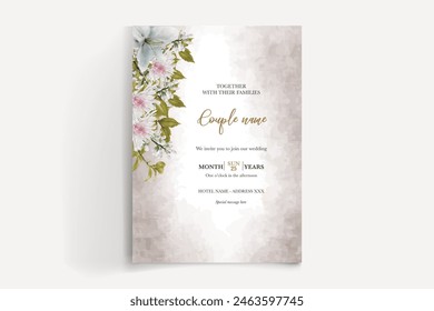 WEDDING INVITATION FRAME WITH FLOWER DECORATIONS AND FRESH LEAVES