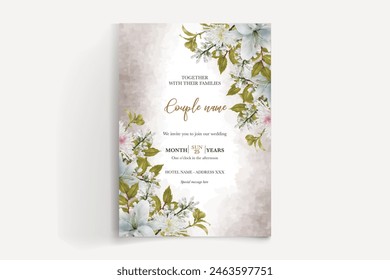 WEDDING INVITATION FRAME WITH FLOWER DECORATIONS AND FRESH LEAVES
