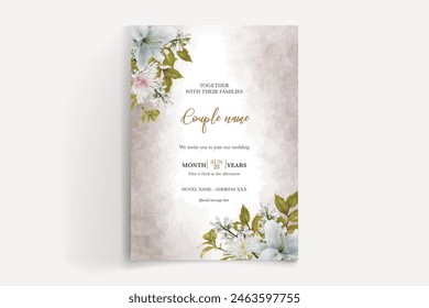 MARCO DE INVITACIÓN DE BODA CON DECORACIONES FLORALES Y HOJAS FRESCAS