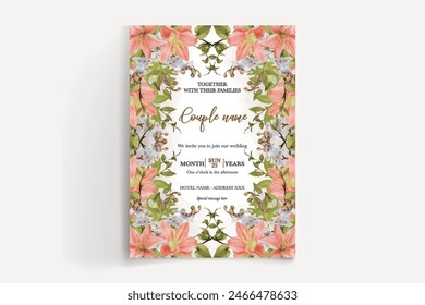 WEDDING INVITATION FRAME WITH FLOWER DECORATIONS AND FRESH LEAVES 