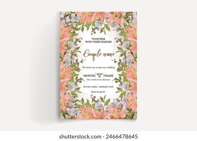 MARCO DE INVITACIÓN DE BODA CON DECORACIONES FLORALES Y HOJAS FRESCAS 
