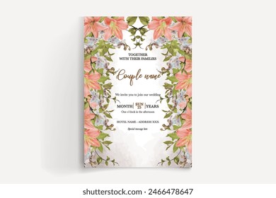 WEDDING INVITATION FRAME WITH FLOWER DECORATIONS AND FRESH LEAVES 
