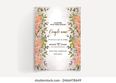WEDDING INVITATION FRAME WITH FLOWER DECORATIONS AND FRESH LEAVES 
