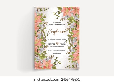 WEDDING INVITATION FRAME WITH FLOWER DECORATIONS AND FRESH LEAVES 