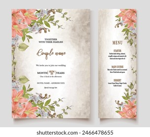 WEDDING INVITATION FRAME WITH FLOWER DECORATIONS AND FRESH LEAVES 