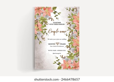 WEDDING INVITATION FRAME WITH FLOWER DECORATIONS AND FRESH LEAVES 