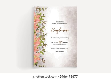 WEDDING INVITATION FRAME WITH FLOWER DECORATIONS AND FRESH LEAVES 