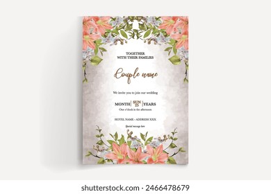 WEDDING INVITATION FRAME WITH FLOWER DECORATIONS AND FRESH LEAVES 