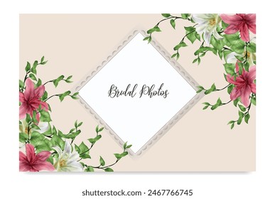 WEDDING INVITATION FRAME WITH FLOWER DECORATIONS AND FRESH LEAVES 