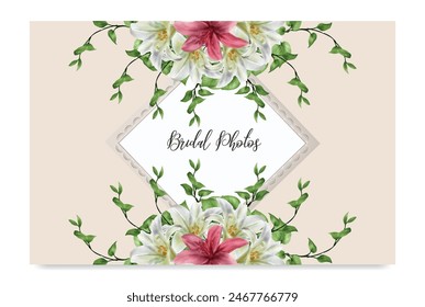 WEDDING INVITATION FRAME WITH FLOWER DECORATIONS AND FRESH LEAVES 