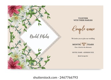 WEDDING INVITATION FRAME WITH FLOWER DECORATIONS AND FRESH LEAVES 