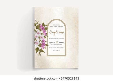 WEDDING INVITATION FRAME WITH FLOWER DECORATIONS AND FRESH LEAVES 