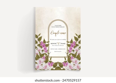 WEDDING INVITATION FRAME WITH FLOWER DECORATIONS AND FRESH LEAVES 