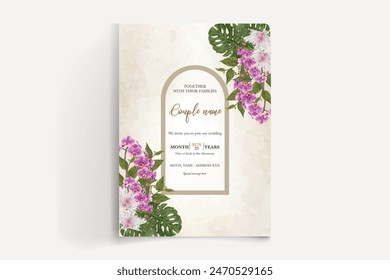 WEDDING INVITATION FRAME WITH FLOWER DECORATIONS AND FRESH LEAVES 