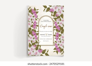 WEDDING INVITATION FRAME WITH FLOWER DECORATIONS AND FRESH LEAVES 