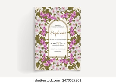 MARCO DE INVITACIÓN DE BODA CON DECORACIONES FLORALES Y HOJAS FRESCAS 