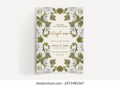 MARCO DE INVITACIÓN DE BODA CON DECORACIONES FLORALES Y HOJAS FRESCAS 