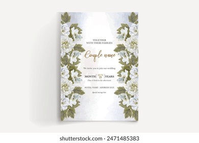 WEDDING INVITATION FRAME WITH FLOWER DECORATIONS AND FRESH LEAVES 