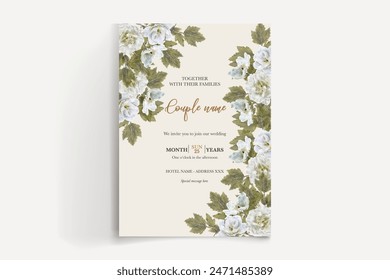 WEDDING INVITATION FRAME WITH FLOWER DECORATIONS AND FRESH LEAVES 