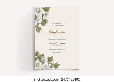 WEDDING INVITATION FRAME WITH FLOWER DECORATIONS AND FRESH LEAVES 