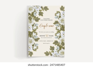 WEDDING INVITATION FRAME WITH FLOWER DECORATIONS AND FRESH LEAVES 
