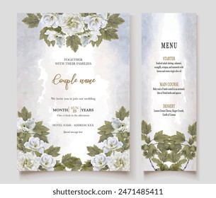 MARCO DE INVITACIÓN DE BODA CON DECORACIONES FLORALES Y HOJAS FRESCAS 