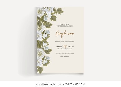 WEDDING INVITATION FRAME WITH FLOWER DECORATIONS AND FRESH LEAVES 