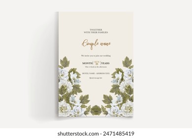 MARCO DE INVITACIÓN DE BODA CON DECORACIONES FLORALES Y HOJAS FRESCAS 