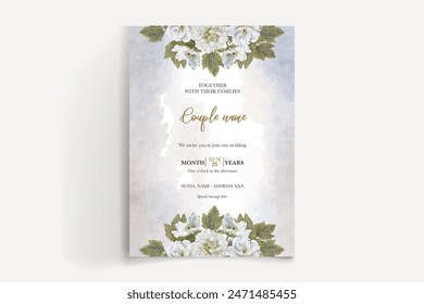 WEDDING INVITATION FRAME WITH FLOWER DECORATIONS AND FRESH LEAVES 